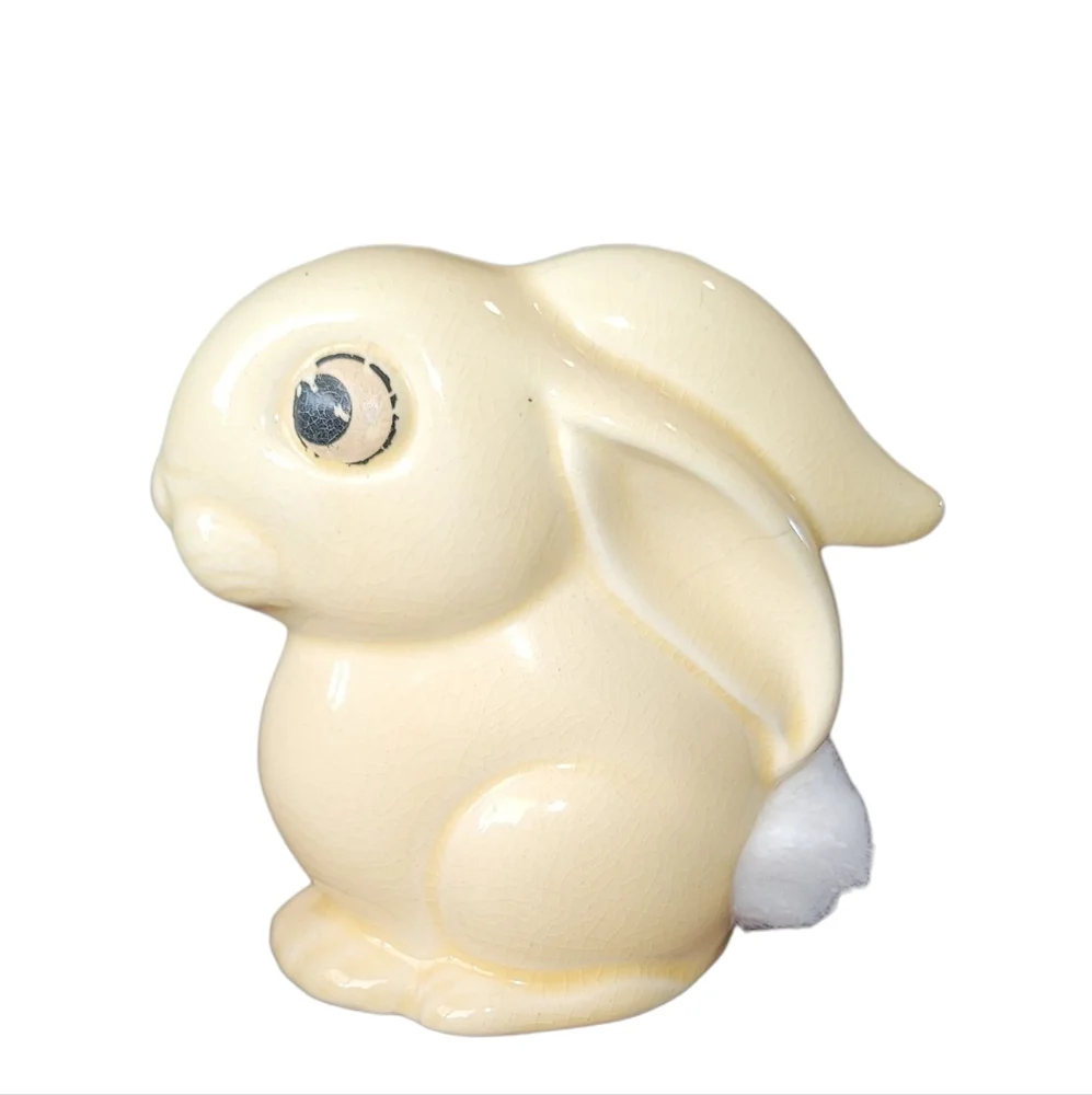 Charming Yellow Ceramic Bunny Figurine Cotton Ball Dispenser